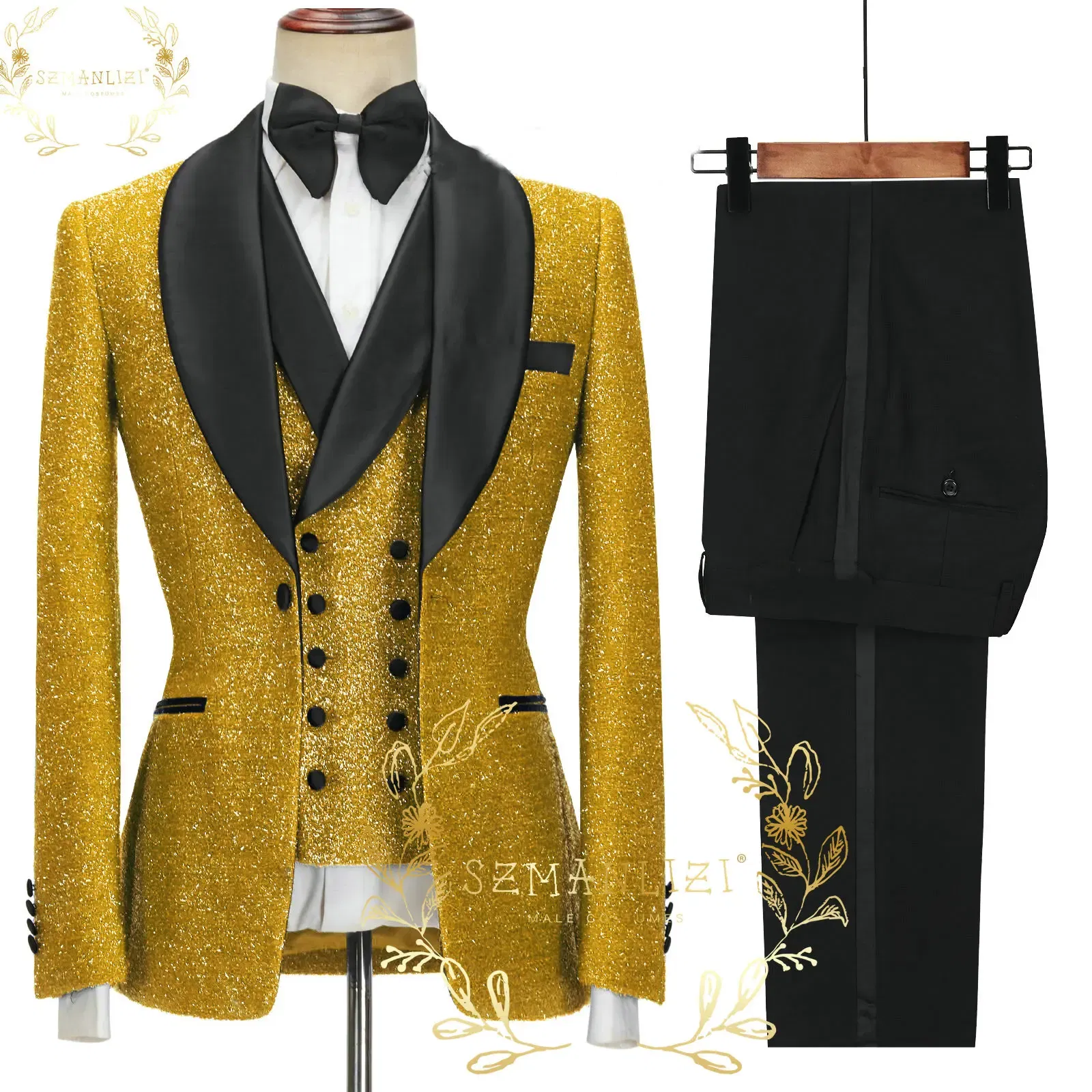 Color: GRAY, Size: One Size - SZMANLIZI 2022 Latest Designs Black Floral Party Blazer Men Suits Costume Homme Groom Tuxedos Wedding Terno Masculino 3 Pieces