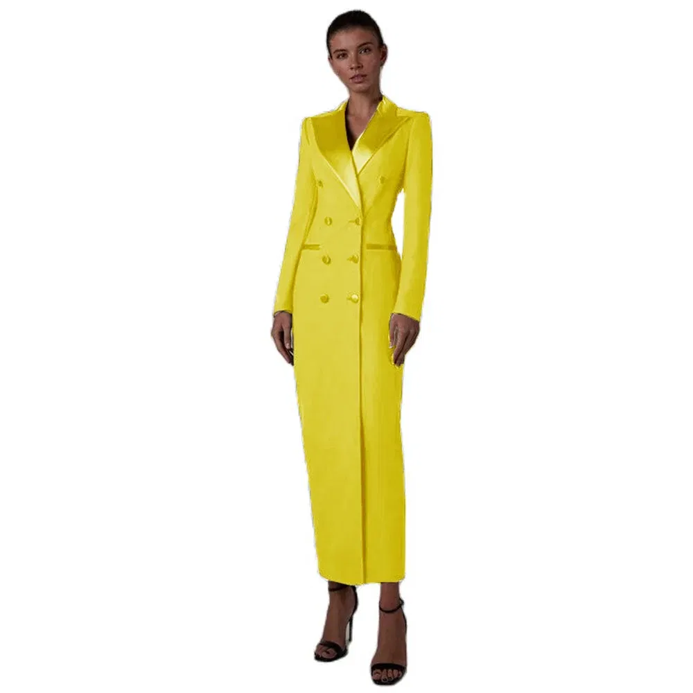 Color: Yellow, Size: 4XL - Women's Suit Long Jacket One Piece Blazer Double Breasted Formal Tuxedo Party Dress кос?‚юм ?¶?µнский