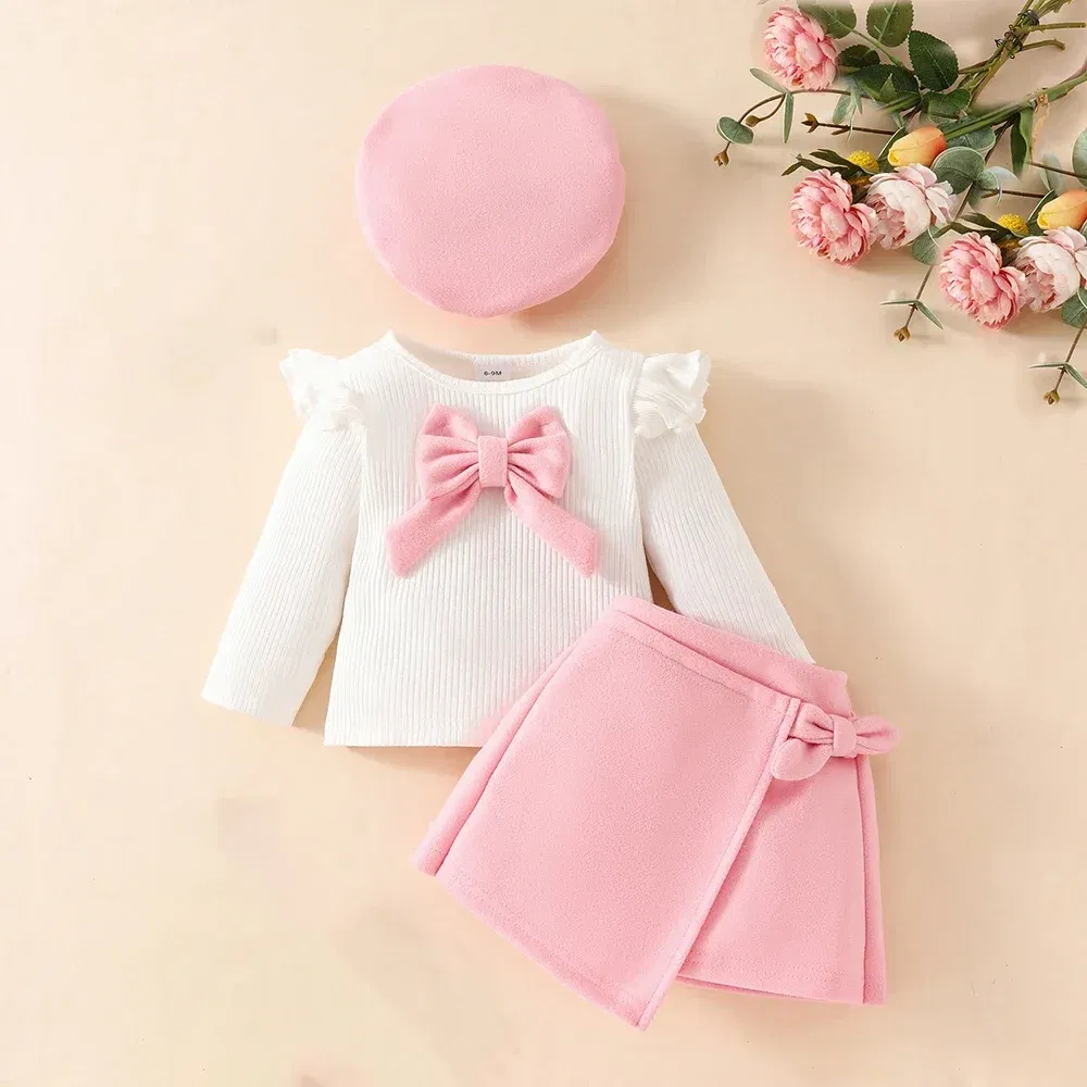 Color: Pink, Kid Size: 3T - Baby Girls Clothes New Year Set 0-3Y Long Sleeve Big Bow Top Irregular Skirt and Beret 3Pcs Toddler Christmas Clothes