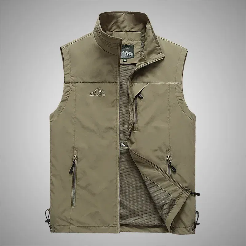 Color: Khaki, Size: XXS - Autumn Men Waistcoat Outdoor Leisure Solid Sleeveless Jacket Young Middle-aged Photography Fishing Casual Vest Male summer