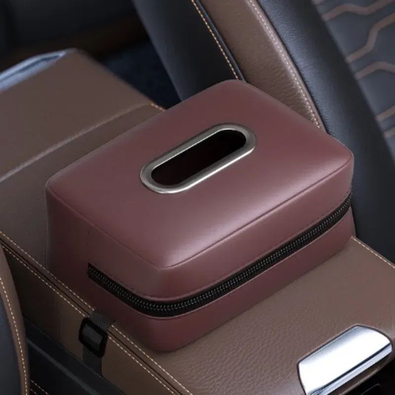 Color Name: Brown - 1pc PU Leather Car Tissue Box - Elegant Stitching, Durable Armrest Organizer, Compact Design, Efficient Space Use