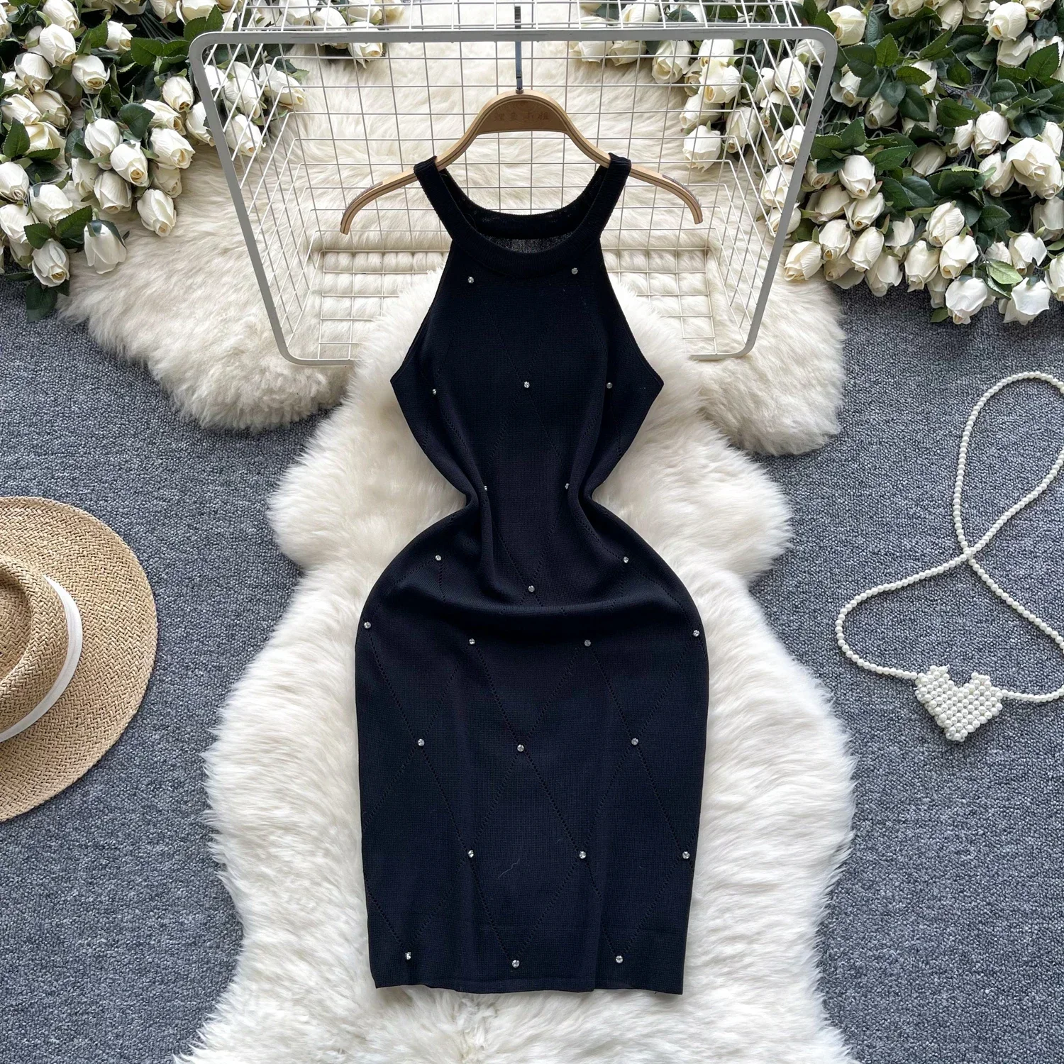 Color: WHITE, Size: One Size - Beading Halter Women's Knitting Sheath Tank Dress Female Bodycon Knitted Camisole Sleeveless Mini Dresses For Woman Outfits