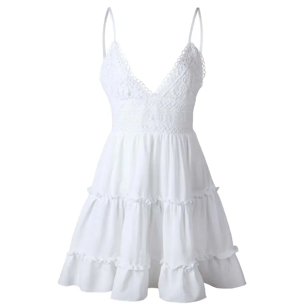 Color: WHITE, Size: XL, Ships From: CN - Summer A-Line Beach Dress Spaghetti Strap Lace Floral White Mini Dresses Ruffles Backless Holiday Sundresses Women Sundresses