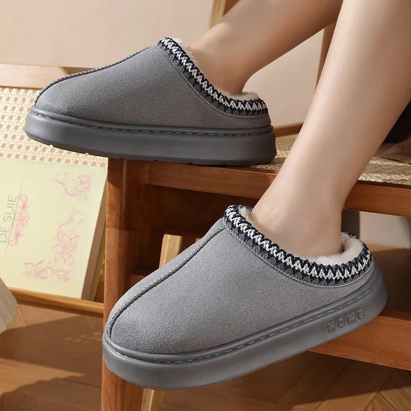 Color: Brown, Shoe Size: 36-37 - Comfort Thick Bottom Cotton Slippers Women 2025 Winter Warm Thick Plush Non Slip Furry Clogs Shoes Embroidery Suede Snow Boots
