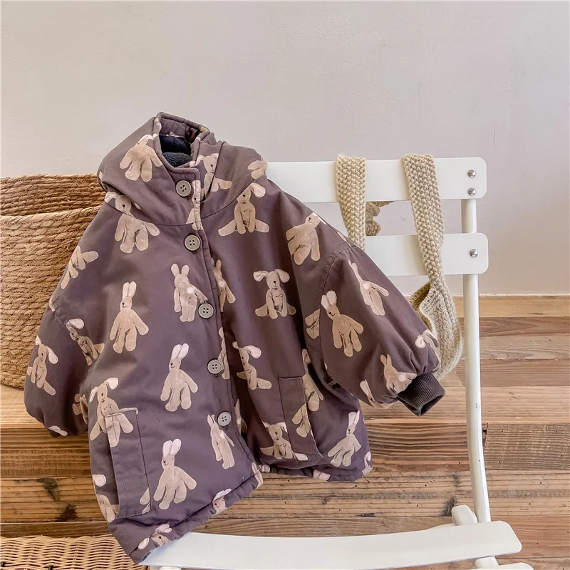 Color: Beige, Kid Size: 18M - Girls Coat 2025 Autumn and Winter New Children's Clothing Korean Wind Girl Baby Cotton Printed Down Jacket Casual Simple Daily