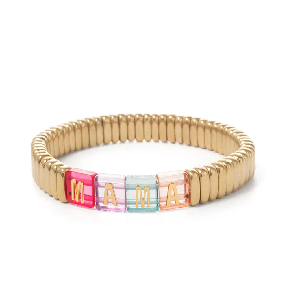Metal Color: Vermeil, Ships From: CHINA - Wholesale Gold Silver Color Elastic Bracelets Handmade Letter Charms Bracelets For Women 2X8MM Beads Bracelets Bohemain Jewelry