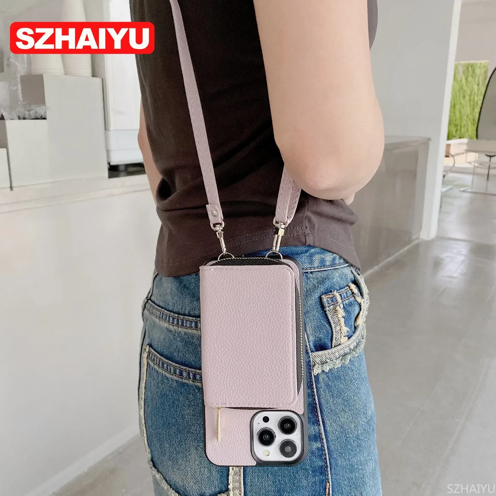 Material: PVC, Color: SKY BLUE - Zipper Wallet Phone Case For iPhone 16 15 14 13 12 Mini 11 Pro XS Max X Plus Card Slot Holder Crossbody Lanyard Leather Cover