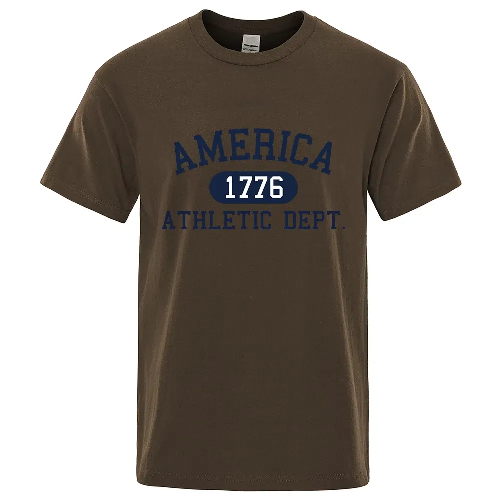 Color: Blue, Size: L - America 1776 Athletic Dept Letter Tshirt Man Fashion Tee Clothes Summer Luxury T-Shirt Hip Hop Breathable Cotton Tee Clothes