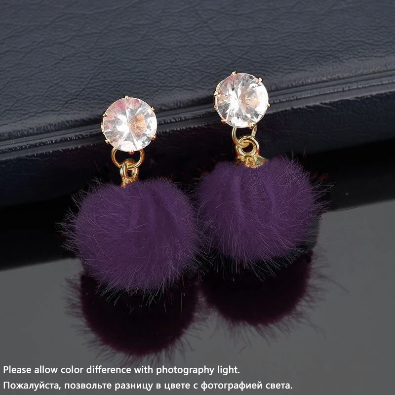 Metal Color: BROWN - New Artificial Hair Dangle Earrings for Women Crystal Top Short Small Fluffy Ball Earrings Boho Fashion Jewelry brincos bijoux
