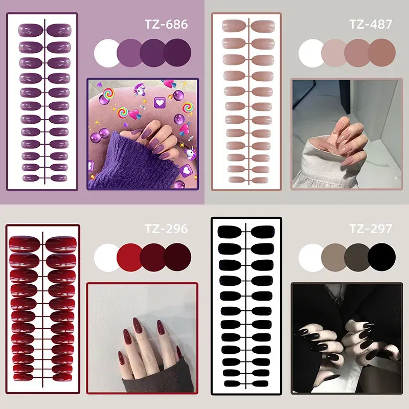 Color: Burgundy - 24Pcs/Set Long Round Head Bright Solid Color Press On Acrylic Nail Art Fake Nails Finished Wearing Manicure Reusable False Nails