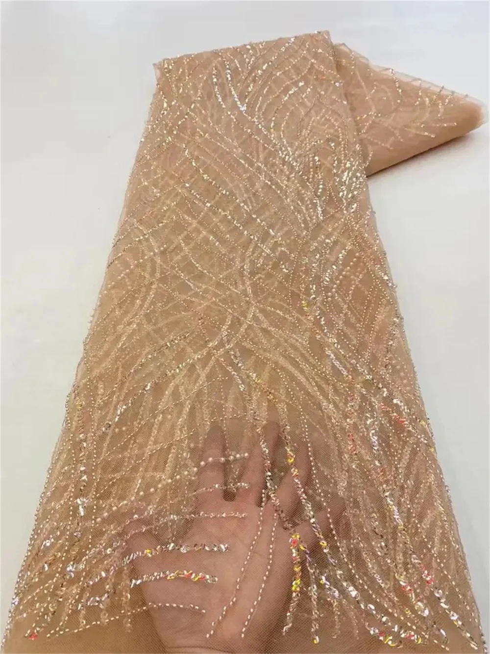 Color: RED, Length: 5 yards, Width: 120cm - Luxury African Sequins Beaded Lace Fabric 2025 High Quality Groom Nigerian Wedding Bridal Embroidery French Tulle Sewing
