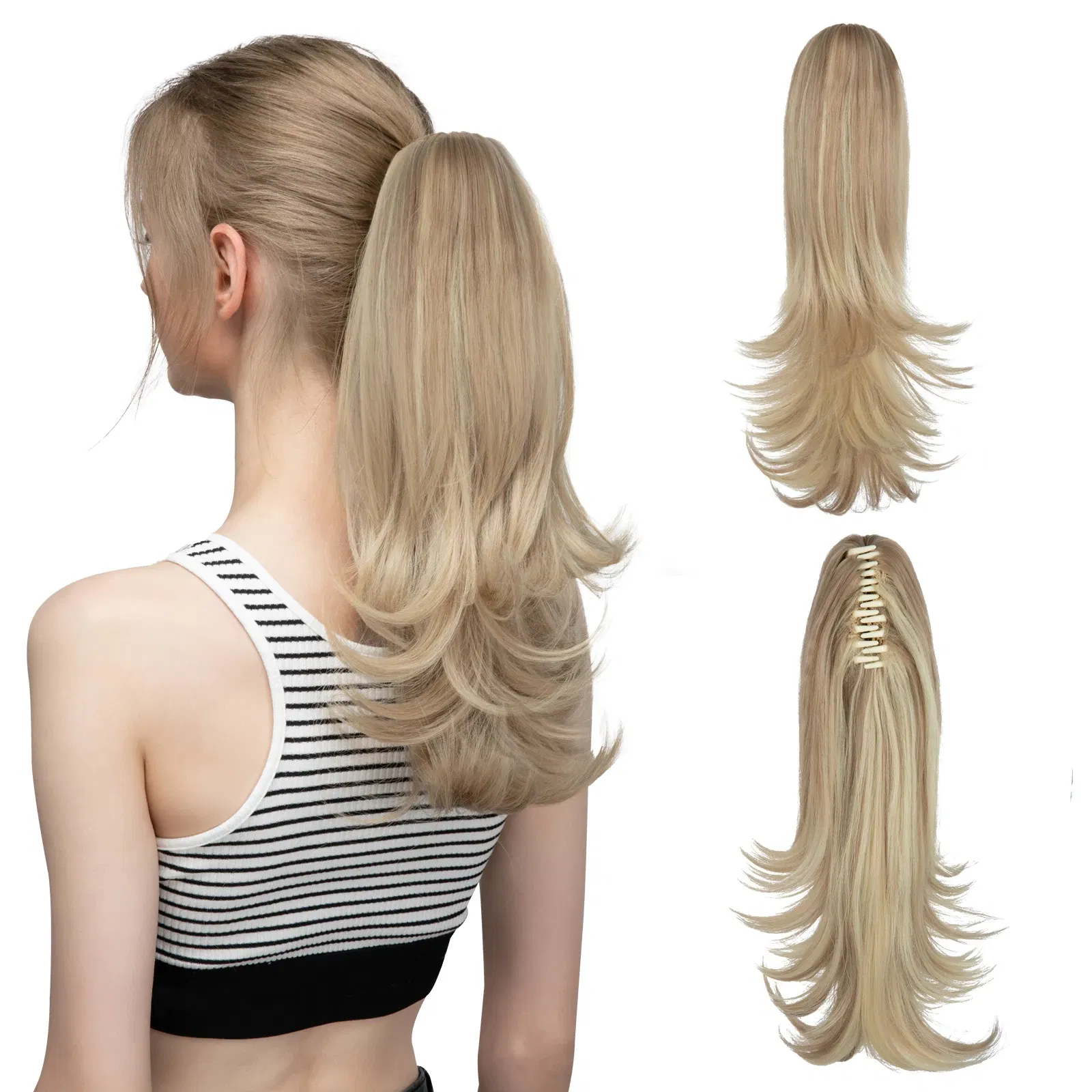 Color: NC/4HL, Stretched Length: 14inches - Synthetic Claw Clip In Ponytail Hair Extensions 14 Inch Wavy Hairpiece Fake Blonde Black Hair False Pigtail With Elastic Band