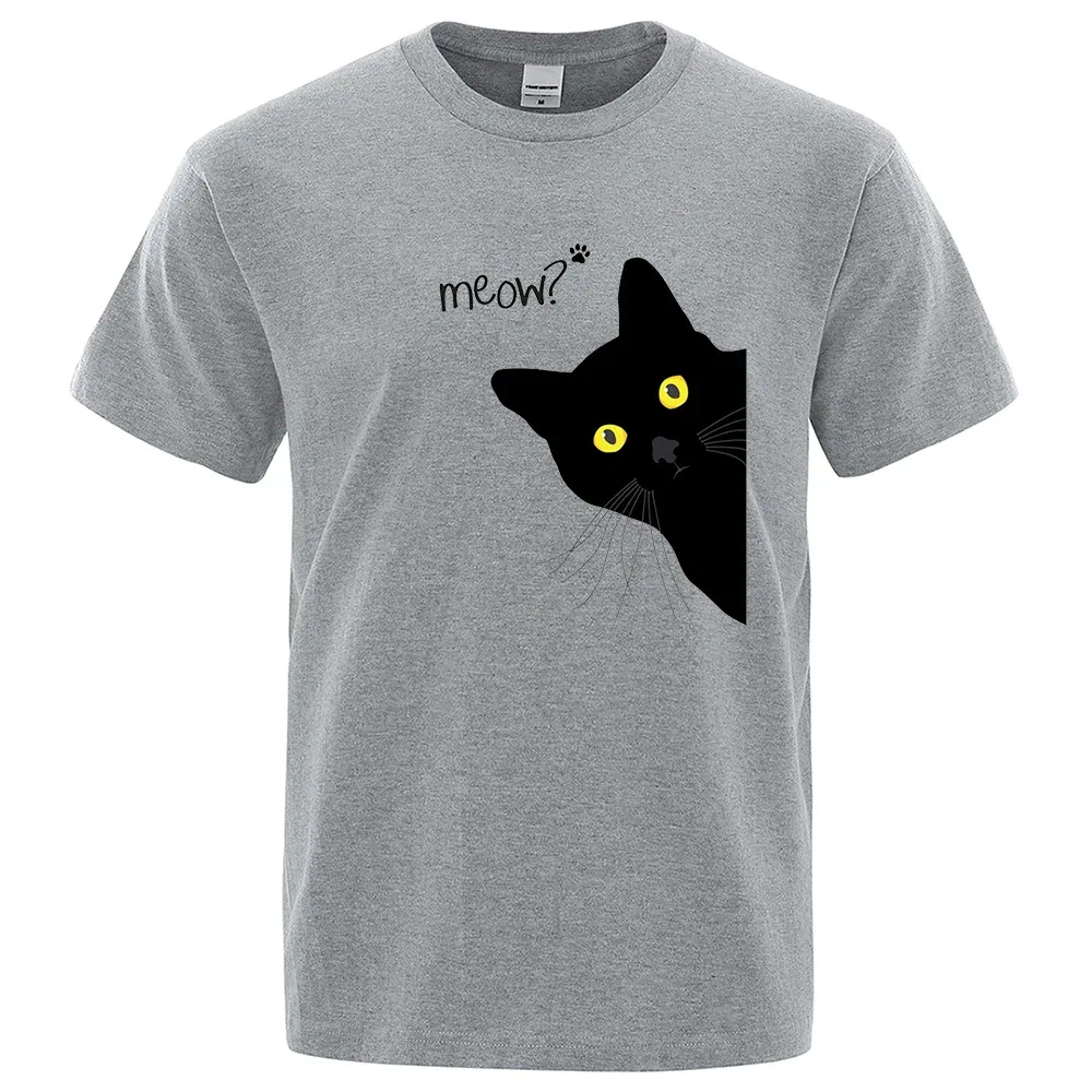 Color: Brown, Size: S - Meow Black Cat Funny Printing Men T-Shirts Breathable Tee Clothes Summer Streetwear Tops Oversized Loose Cotton Short Sleeve