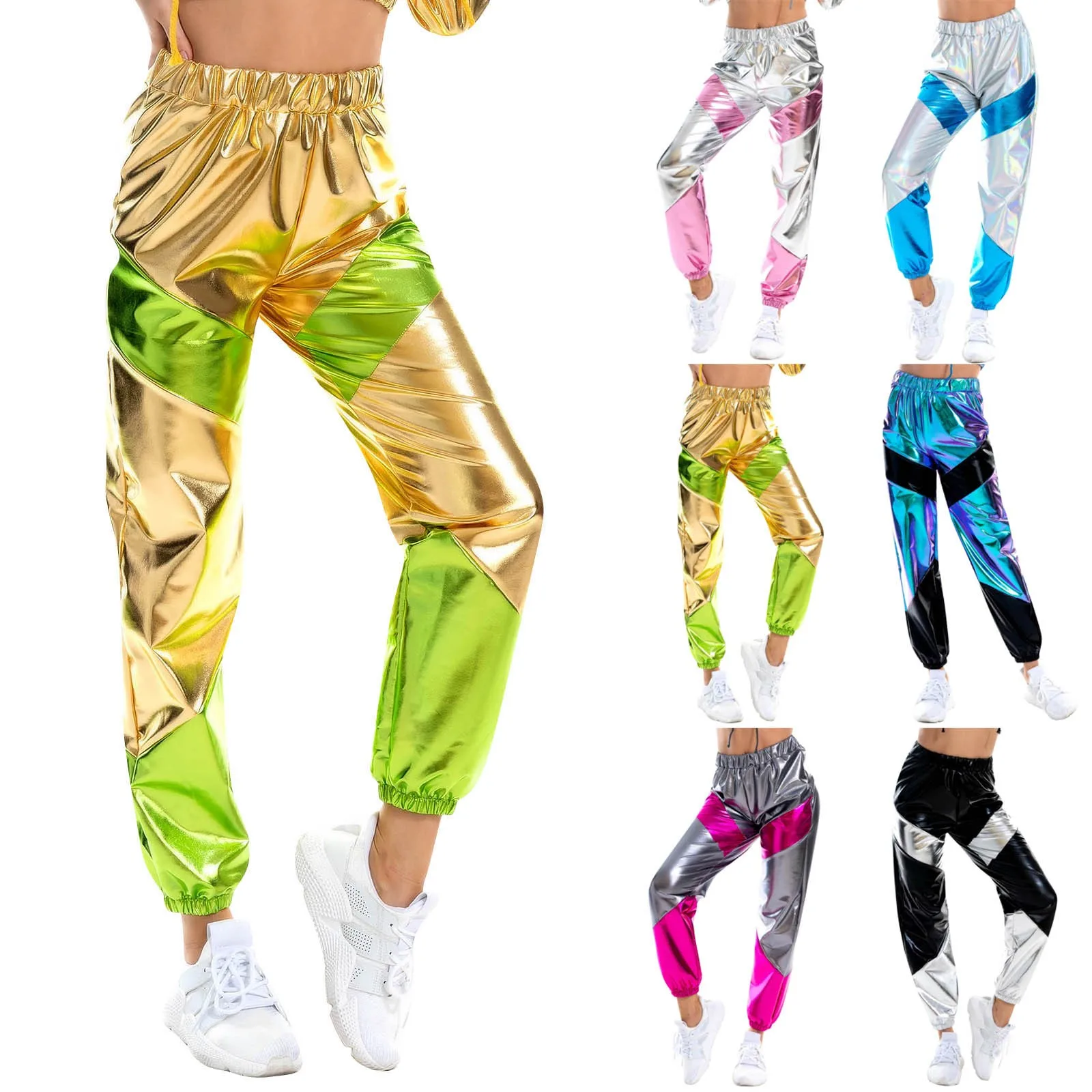 Color: Silver, Size: L - Women'S Shiny Trousers Elastic Sports Leisure Casual Long Sweatpants Jogging Bottoms Stretch Leggings Party Disco Clubwear