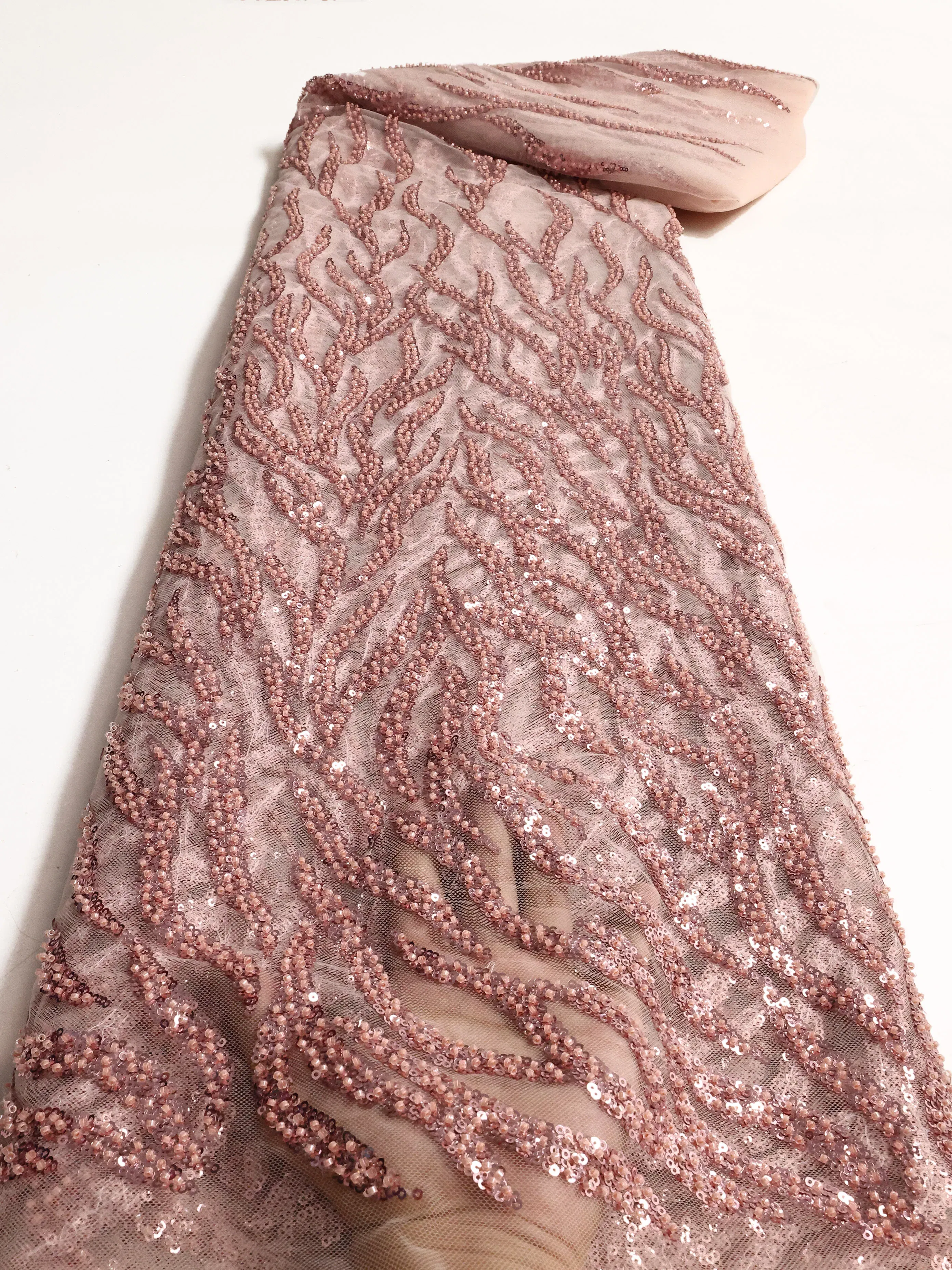 Color: RED, length: 5 yards, Width: 120cm - PGC White Beaded Tulle African Lace Fabric Sewing 2024 Swiss Mesh Sequins High Quality Lace Fabrics for Luxury Wedding
