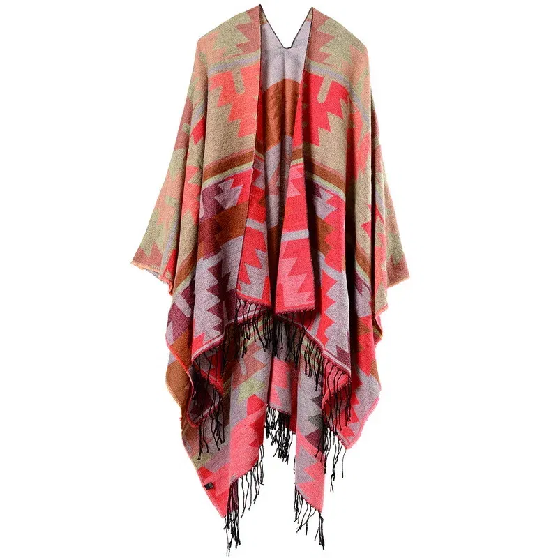 Color: Champagne, Size: One Size - European American Popular Tassel Thickened Cashmere Like National Style Travel Fork Shawl Scarf in autumn Ponchos Capes P9