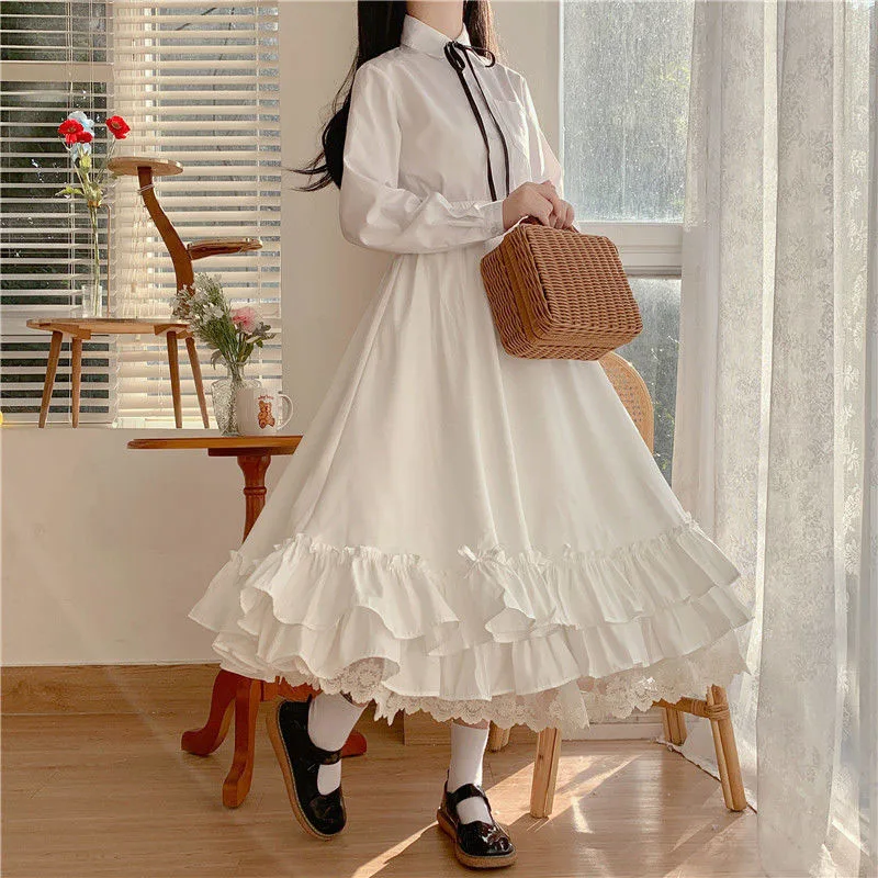 Color: WHITE, Size: L, Ships From: CHINA - Japanese ruffles pleated skirt woman sweet high waist loose Ankle-length skirts women college style black patchwork A-line skirt