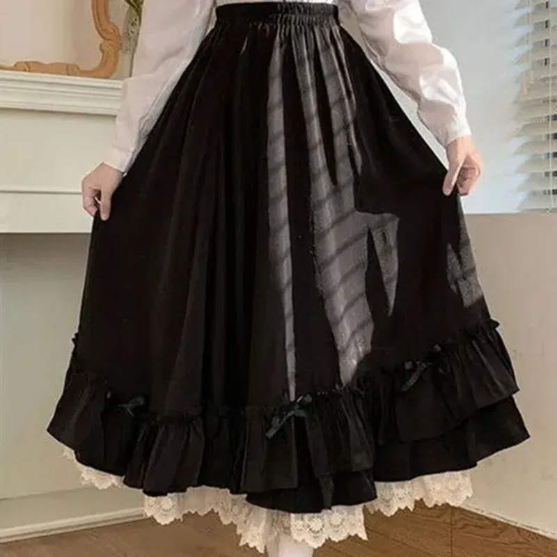 Color: WHITE, Size: L, Ships From: CHINA - Japanese ruffles pleated skirt woman sweet high waist loose Ankle-length skirts women college style black patchwork A-line skirt