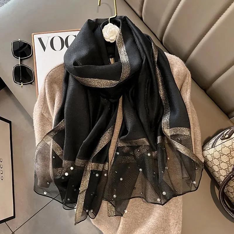 Color: GRAY - 2024 Luxury Brand Women Fashion Scarf Plain Solid Silk Linen Shawls Summer Lady Bandanas Foulard Hijab