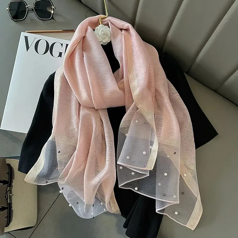 Color: GRAY - 2024 Luxury Brand Women Fashion Scarf Plain Solid Silk Linen Shawls Summer Lady Bandanas Foulard Hijab