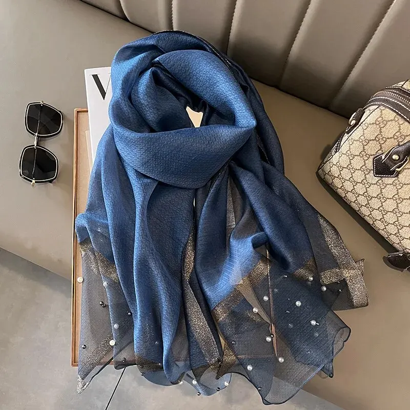 Color: GRAY - 2024 Luxury Brand Women Fashion Scarf Plain Solid Silk Linen Shawls Summer Lady Bandanas Foulard Hijab