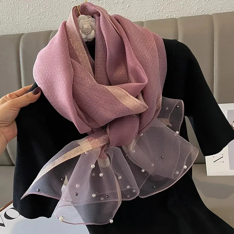 Color: GRAY - 2024 Luxury Brand Women Fashion Scarf Plain Solid Silk Linen Shawls Summer Lady Bandanas Foulard Hijab