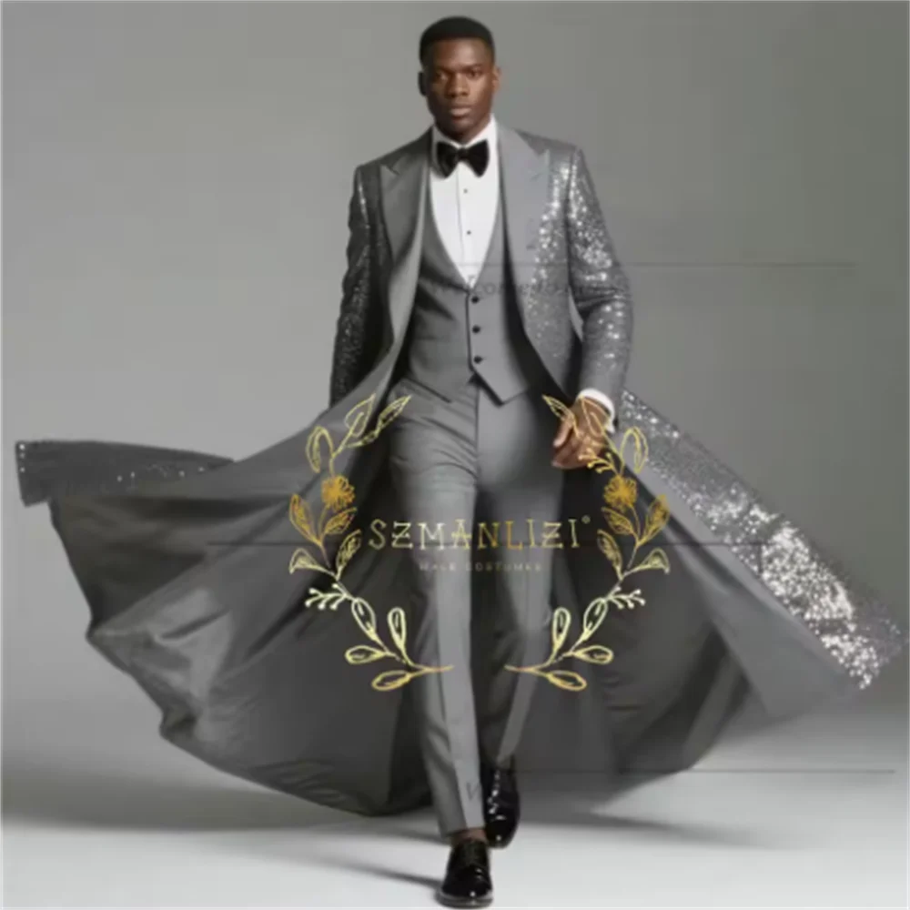 Color: Pink, Size: XS - Burgundy Shiny Sequin Suits Men 3 Pieces Sets Single Breasted Groom Long Blazer Costume Homme Wedding Tuxedo Male Clothing