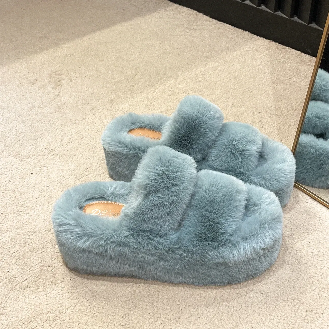 Color: SKY BLUE, Shoe Size: 41 - New Winter Open Toe Slipper Fur Thick Sole Flats Heel Ladies Casual Slip On Bedroom Shoes Soft Outdoor Fashion Fur Slippers