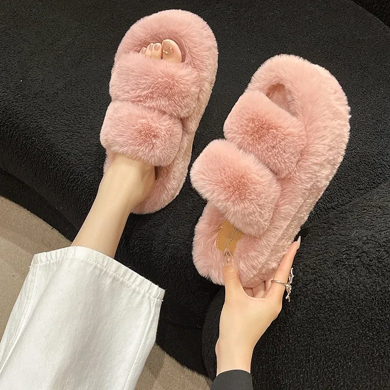 Color: SKY BLUE, Shoe Size: 41 - New Winter Open Toe Slipper Fur Thick Sole Flats Heel Ladies Casual Slip On Bedroom Shoes Soft Outdoor Fashion Fur Slippers