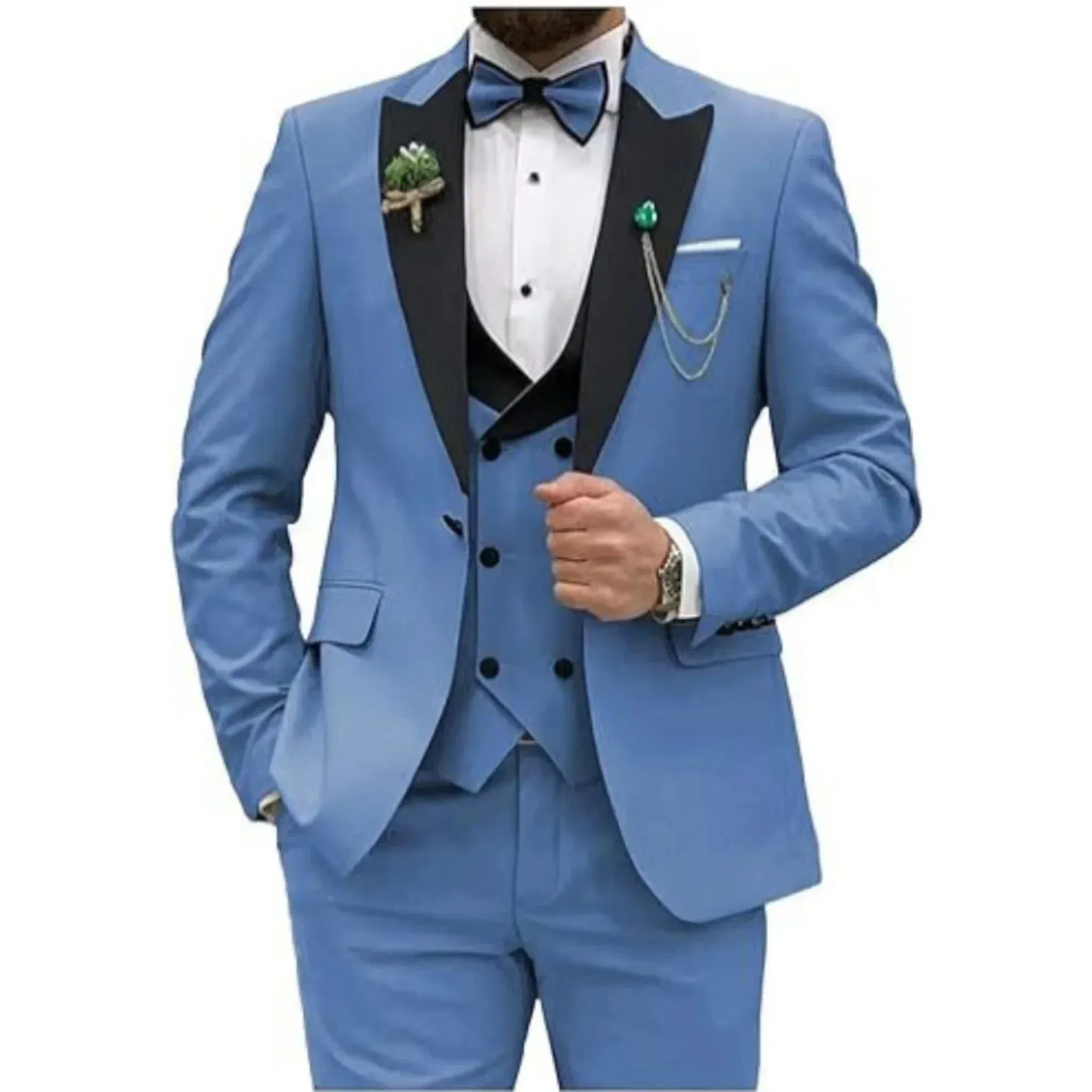 Color: Blue, Size: M - Men Suit Colorful Luxury Blazer Vest And Pant Sets 3 Piece Birthday Dress Business Prom Evening Party Costumes High Quality