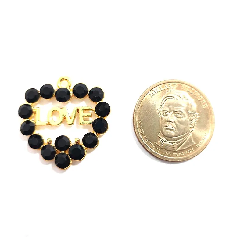 Metal color: Gold-color, Ships From: CHINA - 10pcs Love Heart Charms with Rhinestone Fit for Bracelet Bangle Making DIY HT0072-HT0073