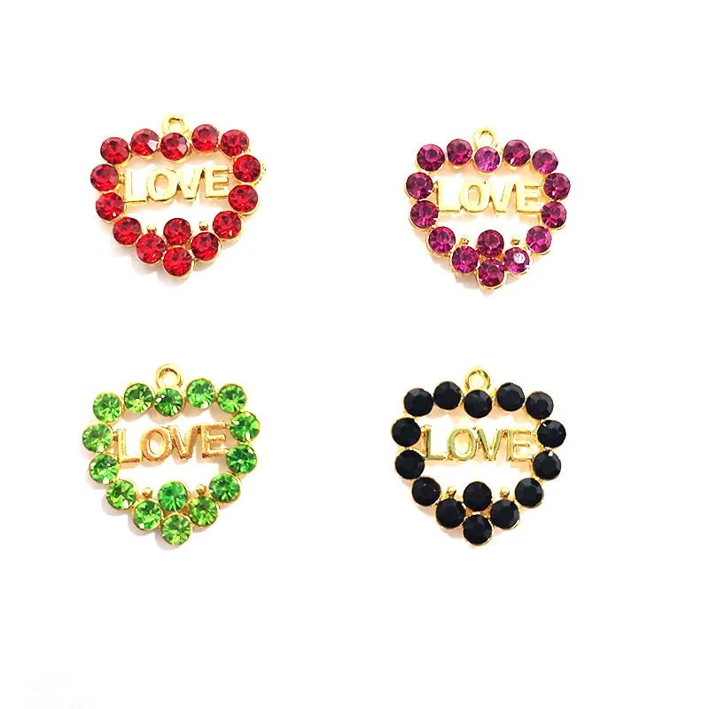 Metal color: Gold-color, Ships From: CHINA - 10pcs Love Heart Charms with Rhinestone Fit for Bracelet Bangle Making DIY HT0072-HT0073