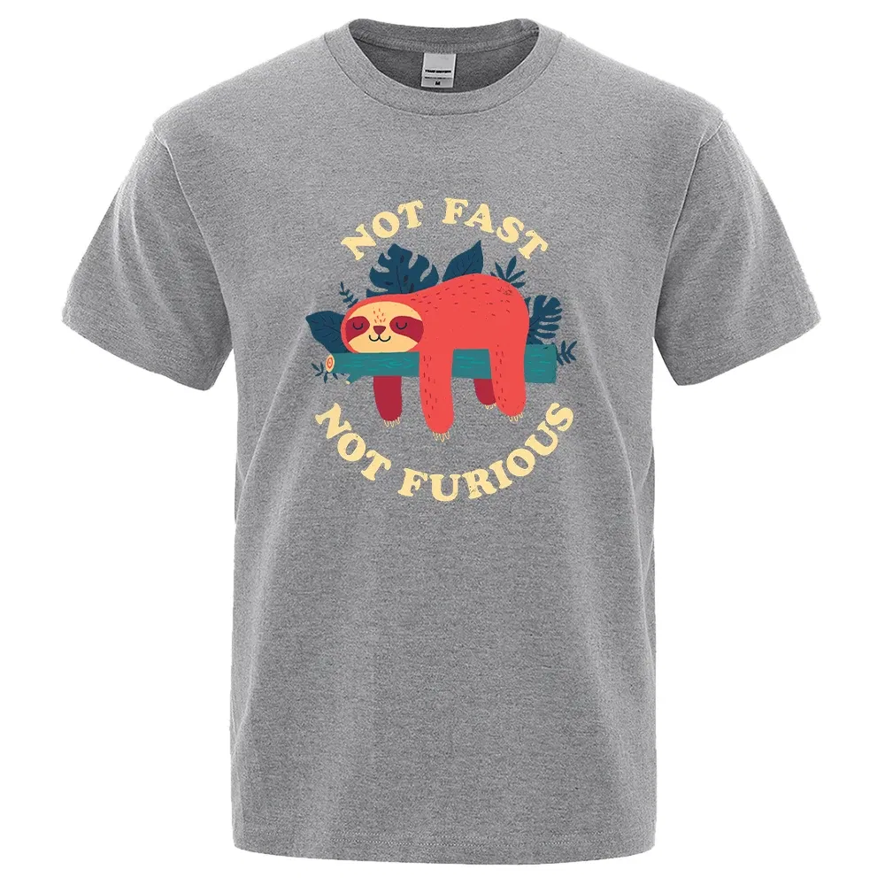 Color: GRAY, Size: XXXL - Not Fast Not Furious Sloth Cute Print Men Tee Shirts Breathable Cotton Tops Street Fashion T-shirt Women Casual Summer T Shirts