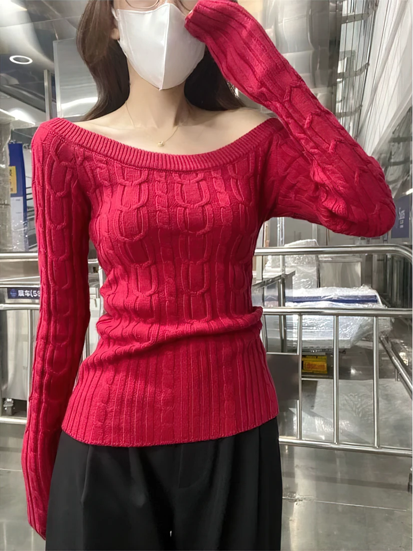 Color: GRAY, Size: M - Casual Off shoulder Rib Knit Sweater Pull Women Long sleeve Top Basic Tees White Slim Pullovers Lady Sexy One Shoulder New