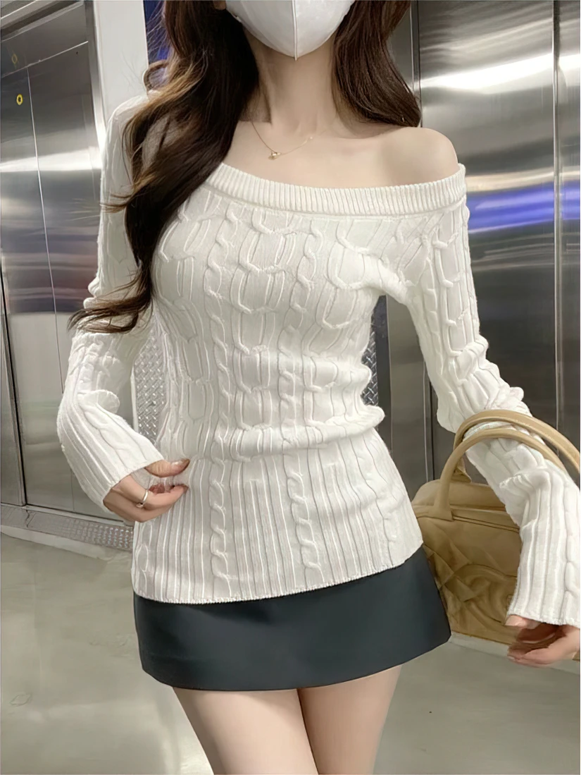 Color: GRAY, Size: M - Casual Off shoulder Rib Knit Sweater Pull Women Long sleeve Top Basic Tees White Slim Pullovers Lady Sexy One Shoulder New