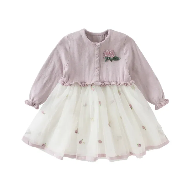 Color: Pink, Kid Size: 26 - Dave Bella 2025 Spring Girls Baby Princess Dress Children New Gentle Cute Embroidery Mesh Long Sleeved Party Outdoor DB1250340