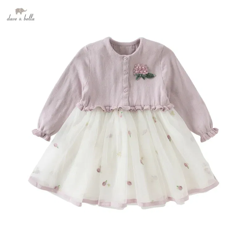 Color: Pink, Kid Size: 26 - Dave Bella 2025 Spring Girls Baby Princess Dress Children New Gentle Cute Embroidery Mesh Long Sleeved Party Outdoor DB1250340