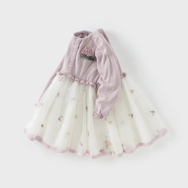 Color: Pink, Kid Size: 26 - Dave Bella 2025 Spring Girls Baby Princess Dress Children New Gentle Cute Embroidery Mesh Long Sleeved Party Outdoor DB1250340