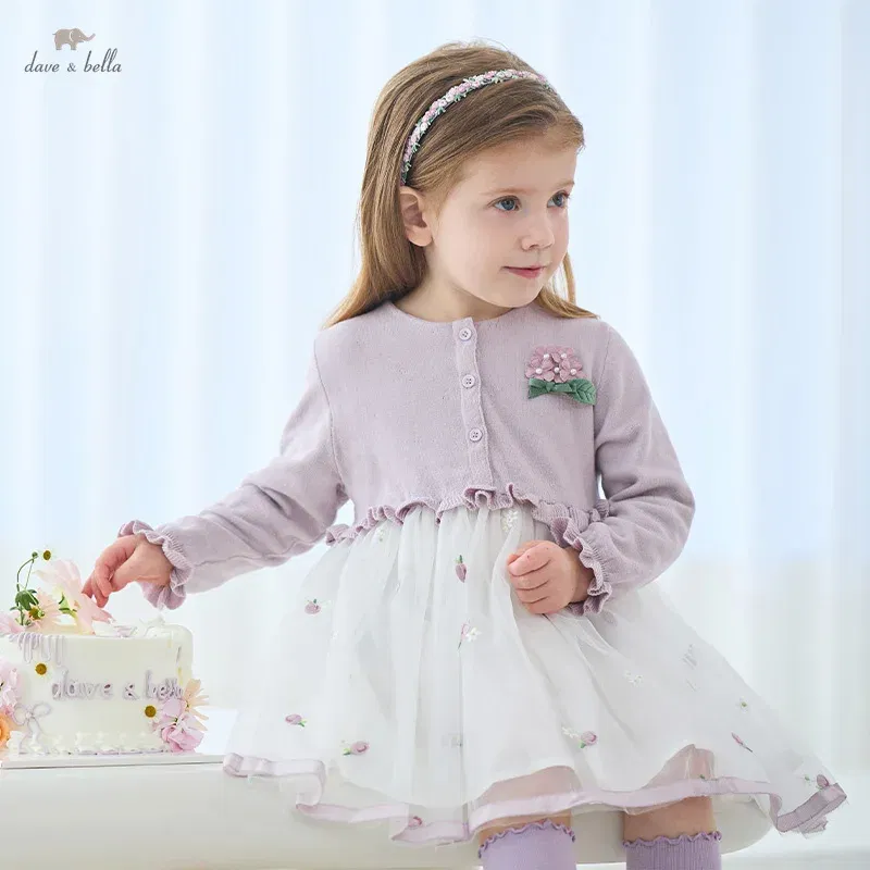 Color: Pink, Kid Size: 26 - Dave Bella 2025 Spring Girls Baby Princess Dress Children New Gentle Cute Embroidery Mesh Long Sleeved Party Outdoor DB1250340