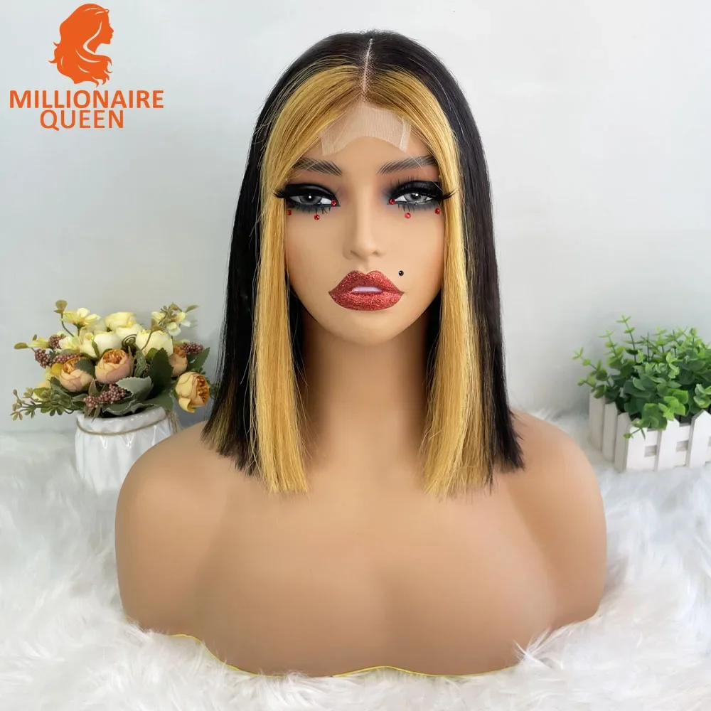 Color: T1B/PURPLE, Stretched Length: 10inches, Density: 250%, Lace Size: 2x6 - Highlight P4/30 Brown Vietname Bone Straight Bob Wig Super Double Drawn Human Hair 2x6 Glueless Lace Closure Wig For Black Women