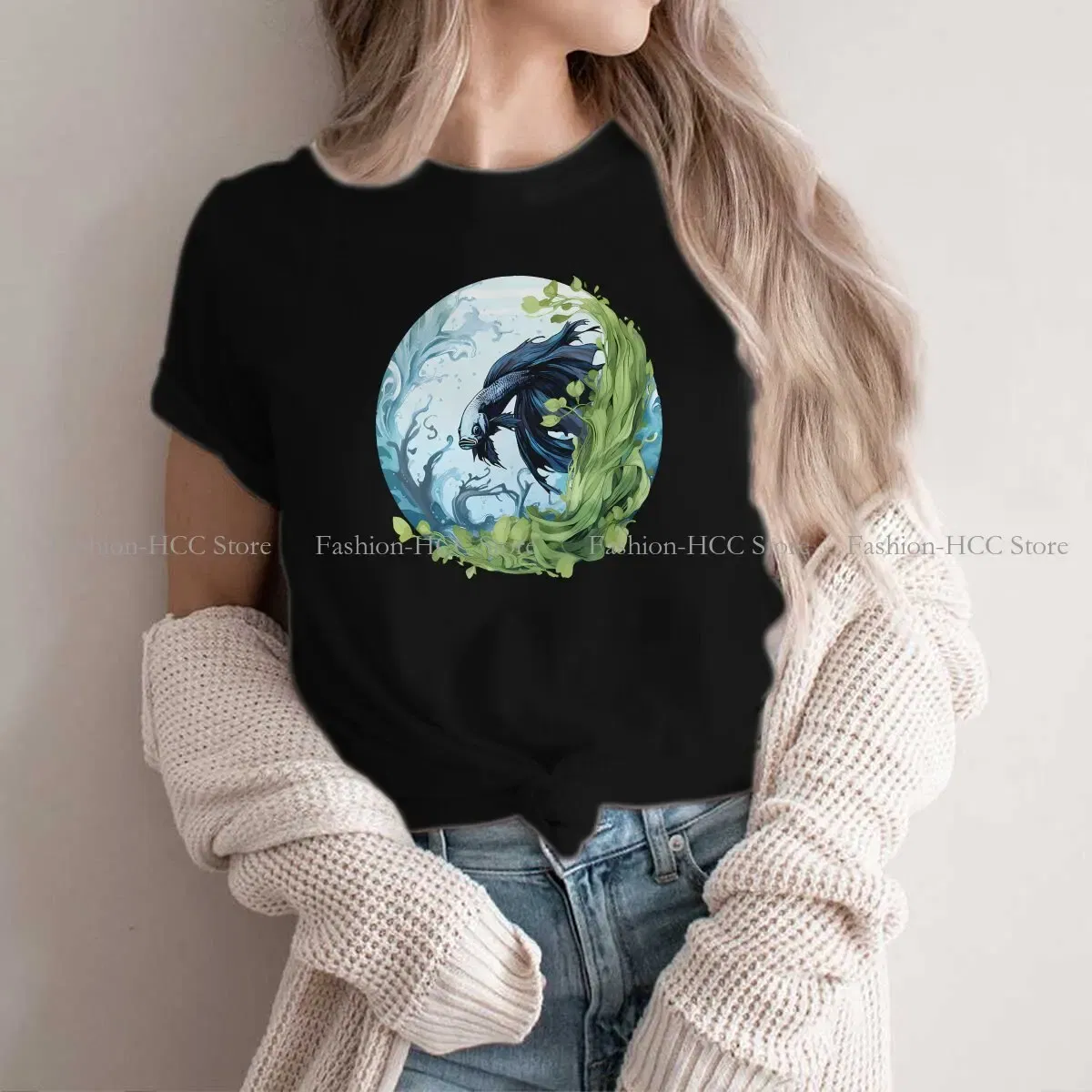 Color: black, Size: XXL - Betta In A Bubble Hip Hop Polyester TShirt Fish Funny Cartoon Style Tops Leisure T Shirt Female Short Sleeve