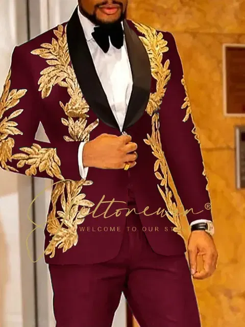 Color: Burgundy, Size: L - Luxury Groom Wedding Tuxedos Gold Sequins Appliques Black Men Suits Slim Fit Costume Homme Marriage Prom Suits