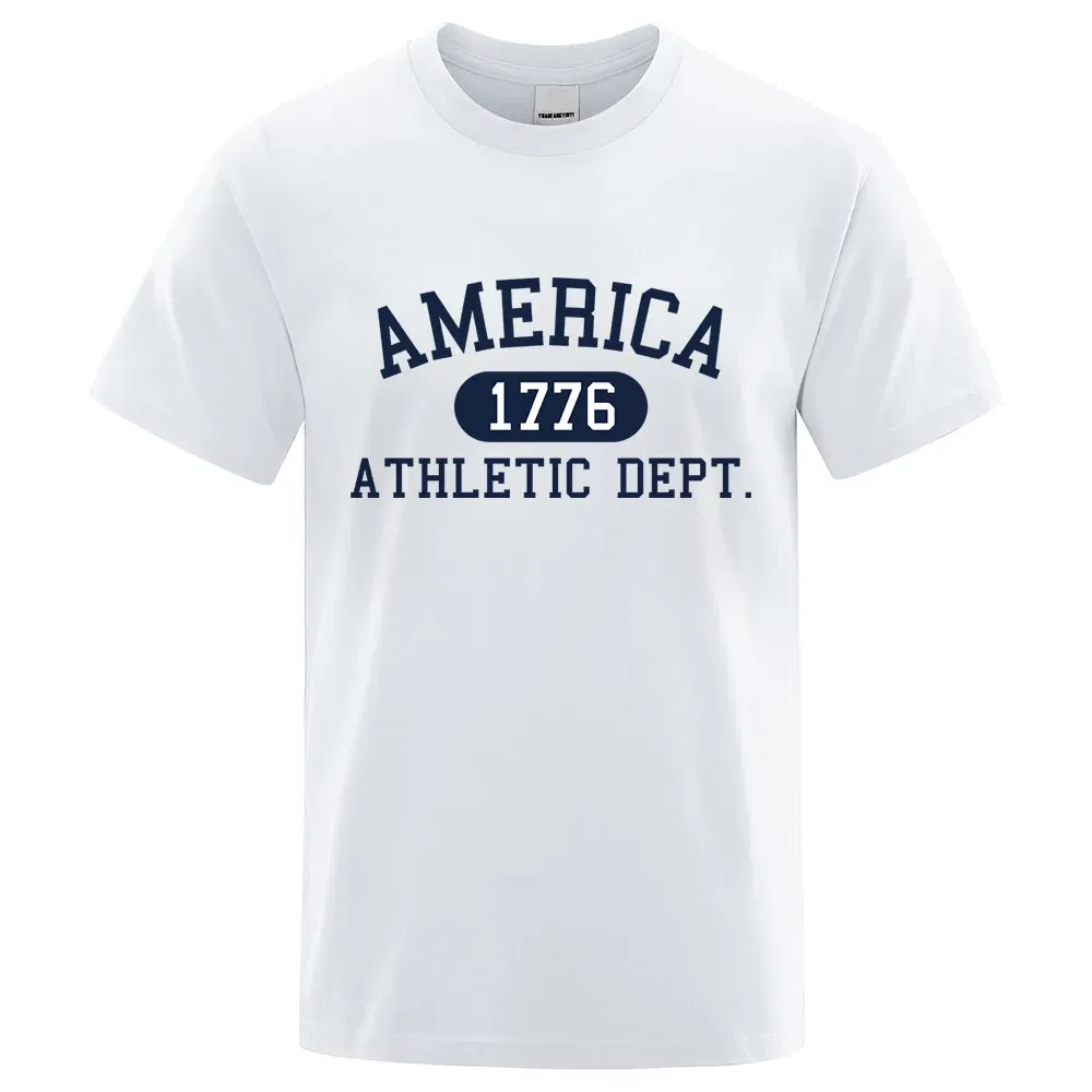 Color: Khaki, Size: S - America 1776 Athletic Dept Letter Tshirt Man Fashion Tee Clothes Summer Luxury T-Shirt Hip Hop Breathable Cotton Tee Clothes