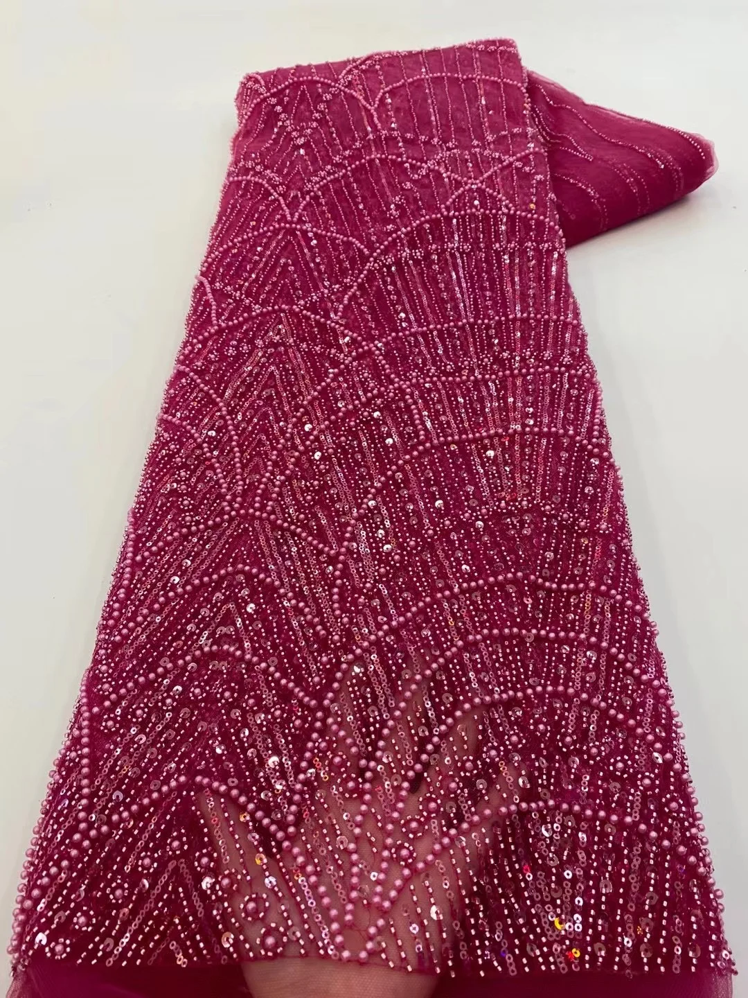 Color: SKY BLUE, Width: 120cm, Length: 5 yards - Wholesale African Sequins Lace Fabric French Embroidery High Quality Luxury Heavy Beaded Bridal Wedding Lace 5 yards