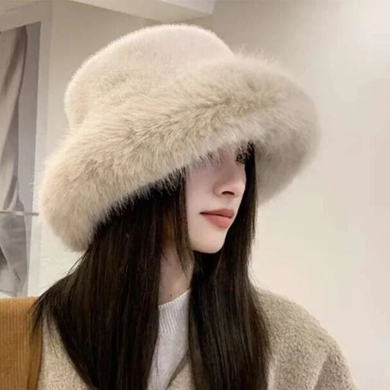 Color: green, Hat Size: One Size - 2024 New Women's Fashion Fur Cap Fur Hat Fur Autumn Winter Hats Mongolian Hat Brimless Plush Fluffy Skiing Riding Warm Caps