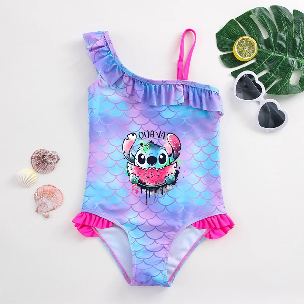Color: black, Size: XS - Stitch Girls Swimsuit Fashion Mermaid Fish Scale One-Piece Bathing Suits Children's Dresses Summer Swimwear Beach Suit Kids Wear