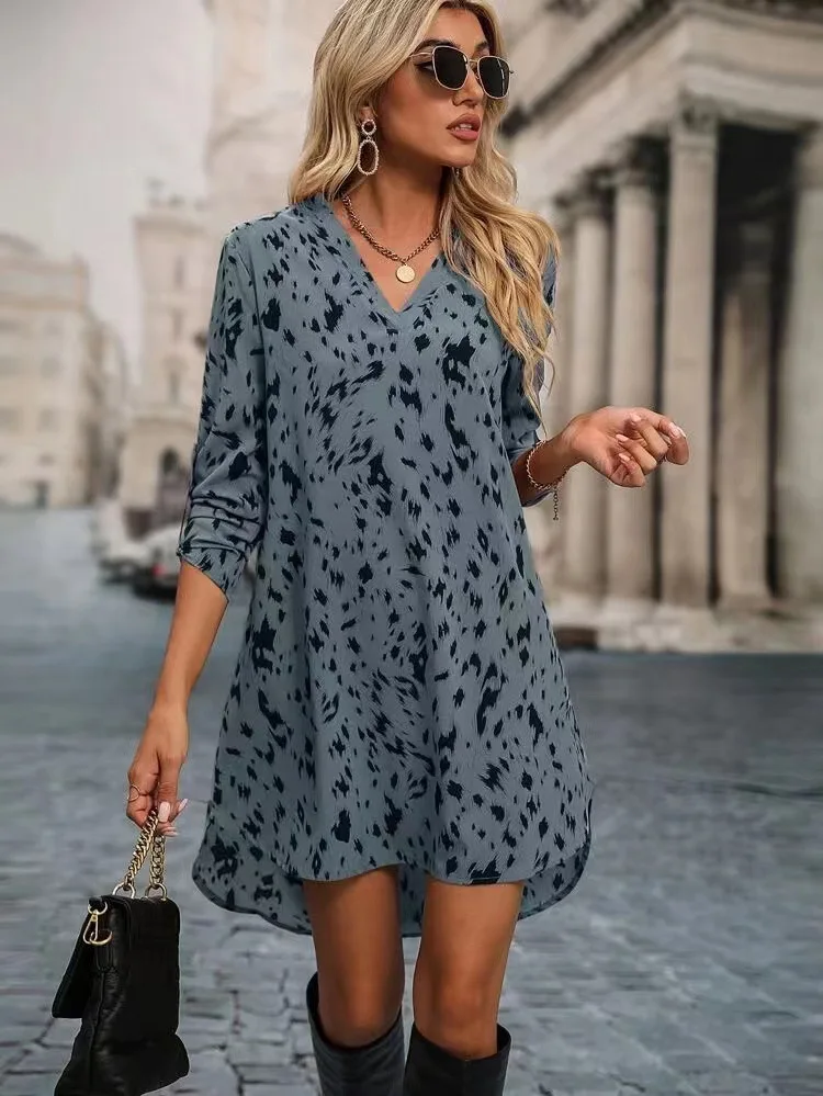 Color: Light Brown, Size: XL, Ships From: CHINA - Spring Summer New Women Dress Casual Sexy V-Neck Long Sleeve Leopard Print Mini Dress Loose A-Line Shirt Dress Elegant Feminino