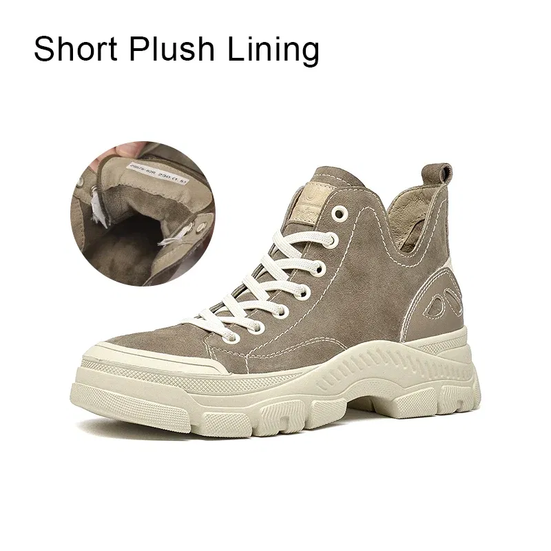 Color: Brown, Shoe Size: 6 - BeauToday Casual Sneakers Women Suede Leather Round Toe Lace-Free High Top Ladies Retro Fashion Flat Shoes Handmade 29575