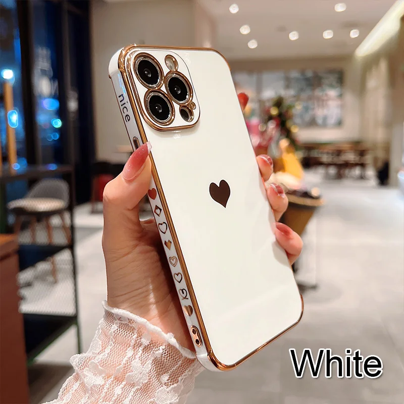 Color: MULTI, Ships From: CN, Material: Vinyl - Electroplating Side Love Heart Phone Case For IPhone 16 15 14 13 12 11 Pro Max XR 8 Plus SE2/SE3 Shockproof Back Cover