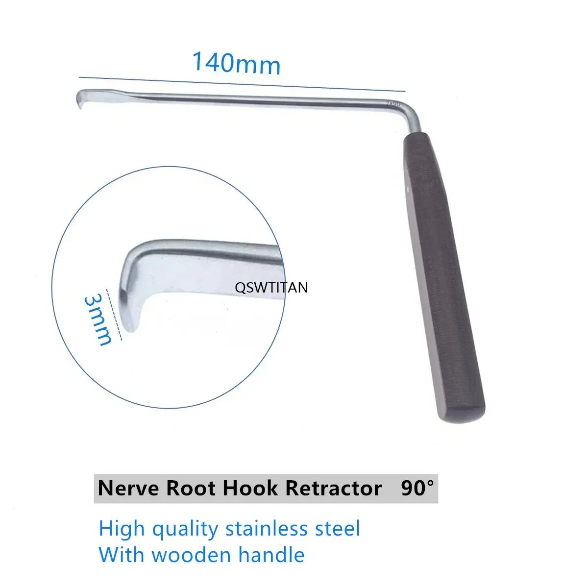 Color: Blue - Nerve Root Hook Retractor with wooden handle brain Bone Retractor Stainless Steel nerve pull hook